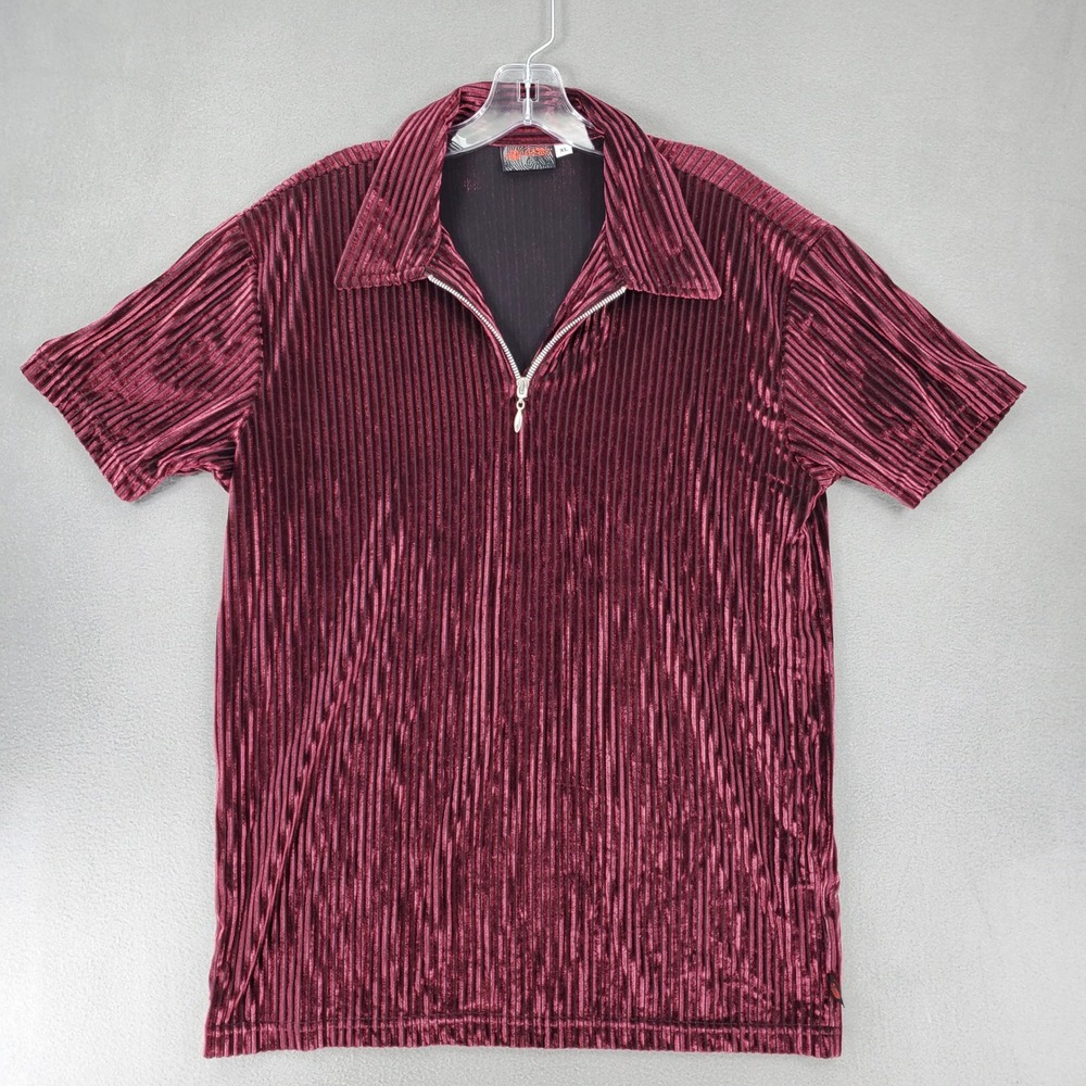 Epidemic Positano Polo Shirt Sz XL Burgundy Crushed Velvet 1/4 Zip Retro 90s USA